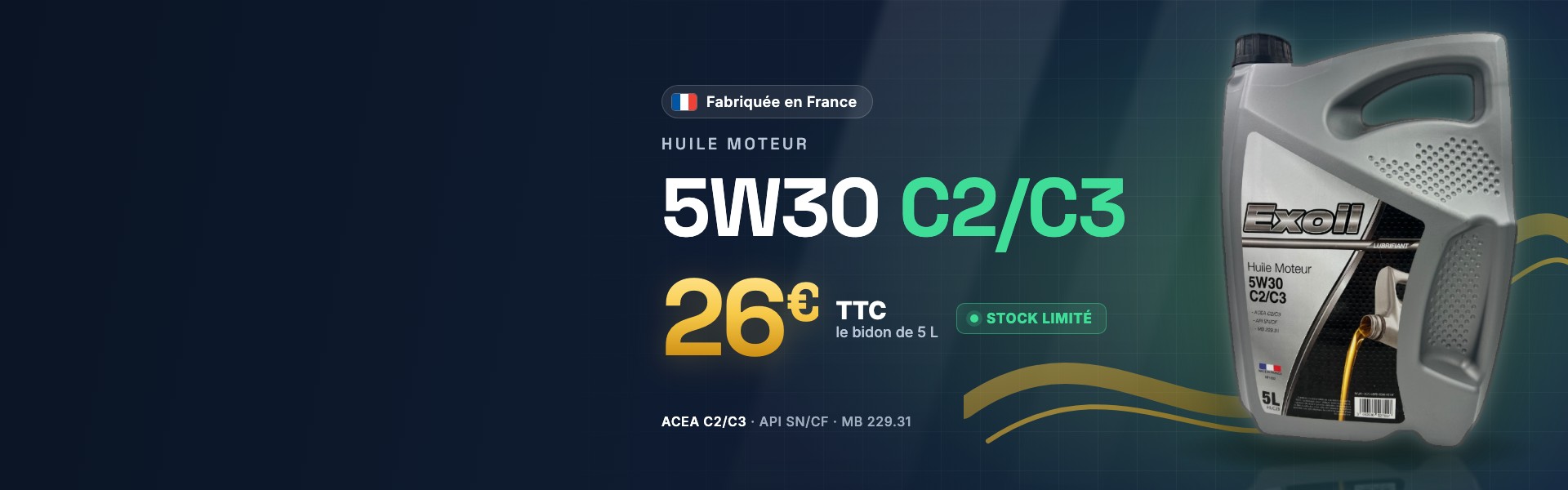 Huile moteur 5W30 C2/C3 5L à 26€ TTC !